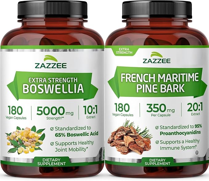 Zazzee Enhanced Comfort &amp Mobility Support Bundle | French Maritime Pine Bark Extract Capsules Plus Super Concentrated Boswellia Extract | Non-GMO Vegan &amp ISO Lab Tested (6 Month Supply)