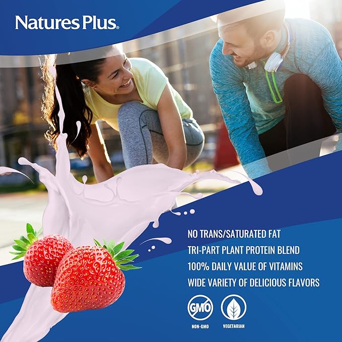 NaturesPlus SPIRU-TEIN Protein Powder Meal - Strawberry - 8 Packets - Plant-Based Protein Shake - Non-GMO Vegetarian Gluten Free - 8 Servings