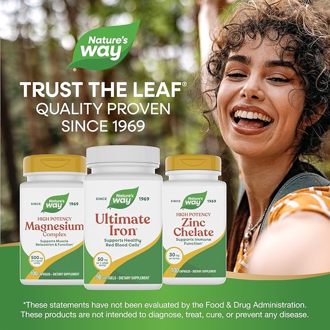 Nature’s Way Ultimate Iron Supports Healthy Red Blood Cells* Supports Cellular Energy Production* 50 mg per 2-Softgel Serving Gluten-Free 90 Softgels (Packaging May Vary)