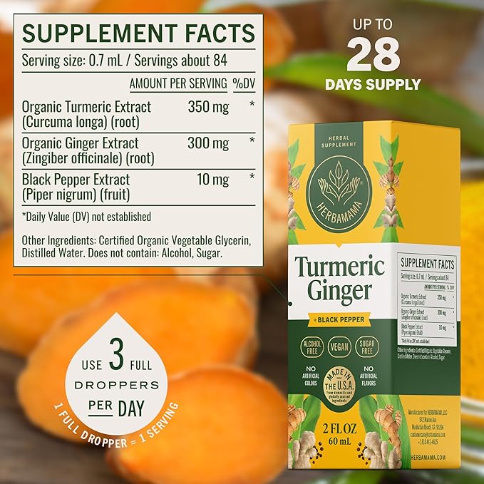 HERBAMAMA Turmeric Curcumin and Ginger Supplement - Vegan Immune Blend with Liquid Ginger RootTurmeric &amp Black Pepper Extract - Non-GMO Alcohol &amp Sugar-Free Immunity Drops