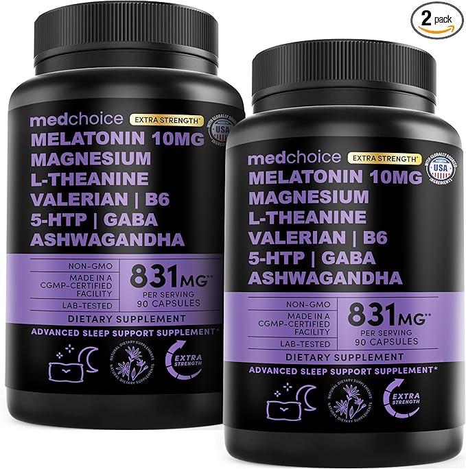 12-in-1 Melatonin Sleep Capsules - 10mg Melatonin Extra Strength with Magnesium and Balanced Blend of Ashwagandha GABA Chamomile Extract L-Theanine &amp Valerian Root 10:1 Extract (90ct Pack of 2