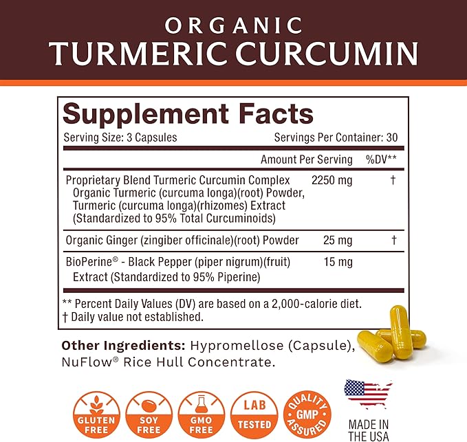Life's Fortune Organic Turmeric Curcumin with Black Pepper and Ginger Enhanced Absorption Extra Strength Supplement Joint &amp Immune Support Non-GMO 90 Cap - 2250mg