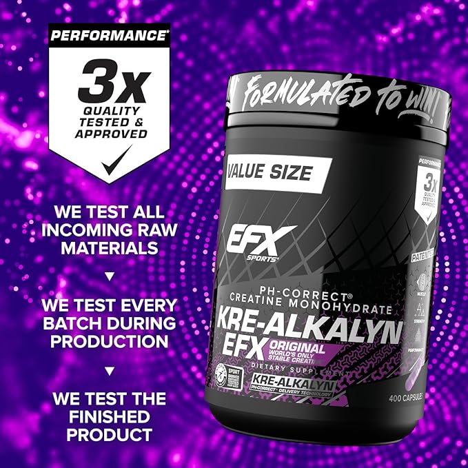 EFX Sports Kre-Alkalyn EFX | pH Correct Creatine Monohydrate Pill Supplement | Strength Muscle Growth &amp Performance | 200 Servings 400 Capsules