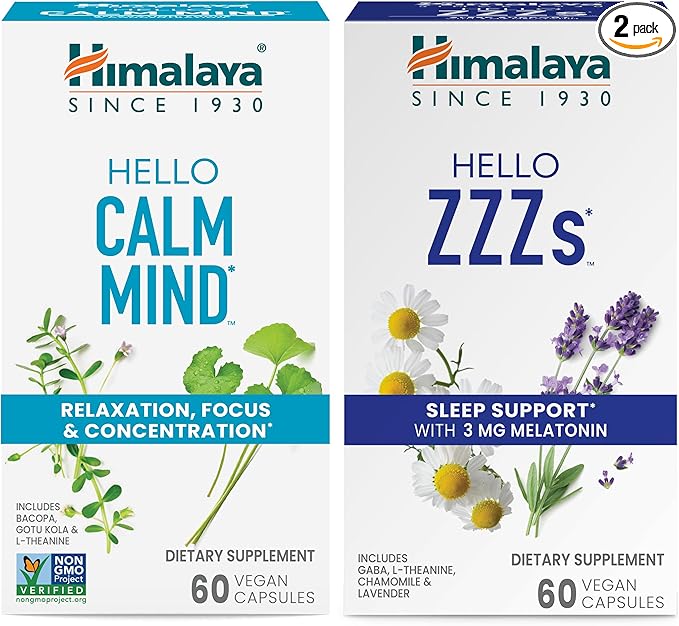 Himalaya Hello Calm Mind with Bacopa for Relaxation Focus and Concentration &amp Hello ZZZs with Melatonin for Sleep Support 60 Capsules Each - Bundle