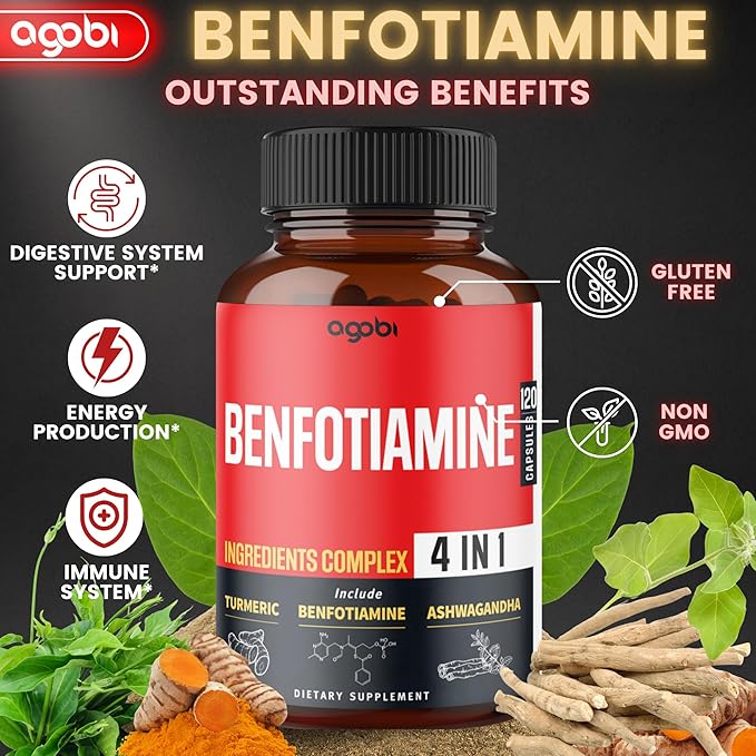 agobi 4in1 Benfotiamine Supplement - 2 Months for Digestion Energy Production &amp Immune - Plus Turmeric Curcumin Root Ashwagandha Root &amp Organic Gymnema Sylvestre - 120 Capsules
