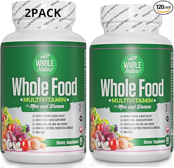 Whole Food Multivitamin for Men and Women (2PACK): Whole Nature Daily Superfood Vitamins Plus Minerals Digestive Enzymes Probiotics and Omegas. Plant Based Multi Vitamin Non GMO Gluten Free