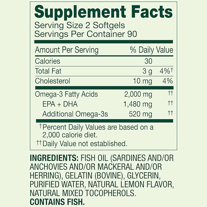SUREFECT Spring Valley Maximum Care Omega-3 2000mg Fish Oil - 180 Softgels - General Wellness &amp Cardiovascular Support* - High EPA/DHA (1480mg) Lemon Flavor Organizer.