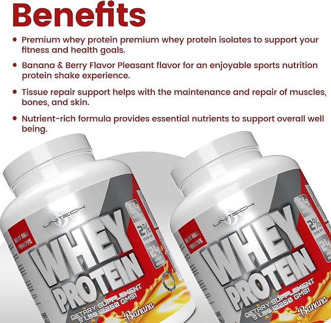 Unitech USK Whey Protein Banana Powder | Muscle Repair &amp Metabolism Support | Protein with Essential Amino Acids Enzymes &amp Minerals | Sports Supplement | Banana Flavor 80oz