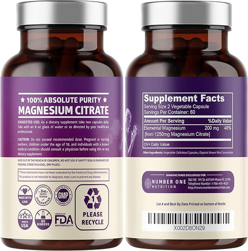2-Pack Pure Magnesium Citrate Capsules 1250mg Easily Absorbed and Purified Trace Mineral for Muscle and Digestive Support 240 Caps