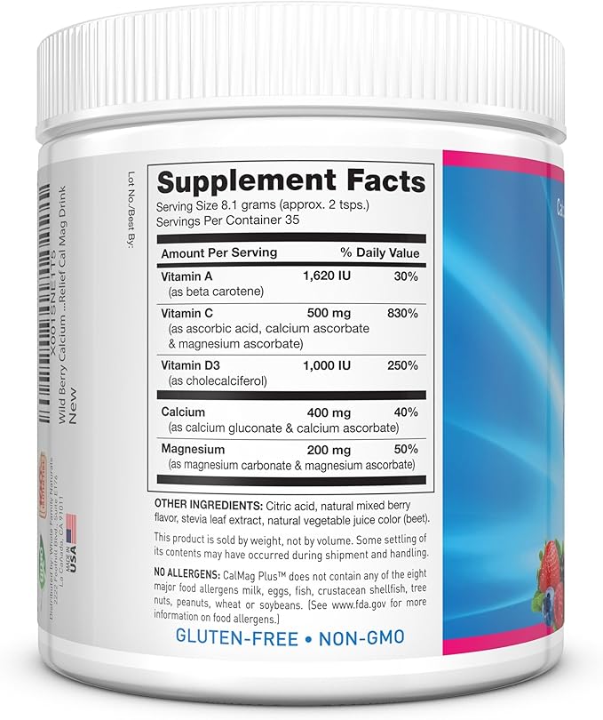 Calcium Magnesium Powder Supplement - CalMag Plus with Vitamin C &amp D3 - Supports Relaxation Sleep &amp Muscle Recovery - Natural Calm Calcium &amp Magnesium Powder - Stress Relief Cal Mag