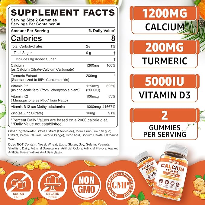 Calcium Gummies with Turmeric for Women &amp Men - Calcium 1200mg with Vitamin D3 K2 B12 5000 IU &amp Zinc Suger-Free Calcium Supplement for Bone Muscle Strength &amp Immune Support - Vegan(60 Co