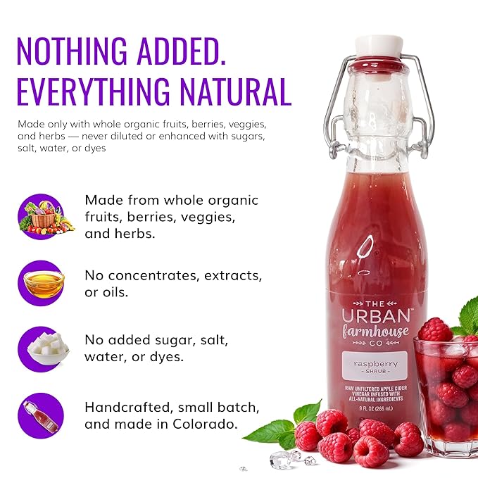 The Urban Farmhouse Co Organic Vinegar Shrub – Raspberry 9 oz Bottle – Small Batch Drinking Vinegar with Apple Cider Vinegar &amp Whole Berries – Cocktail Mixer Gut Health Tonic No Sugar Added