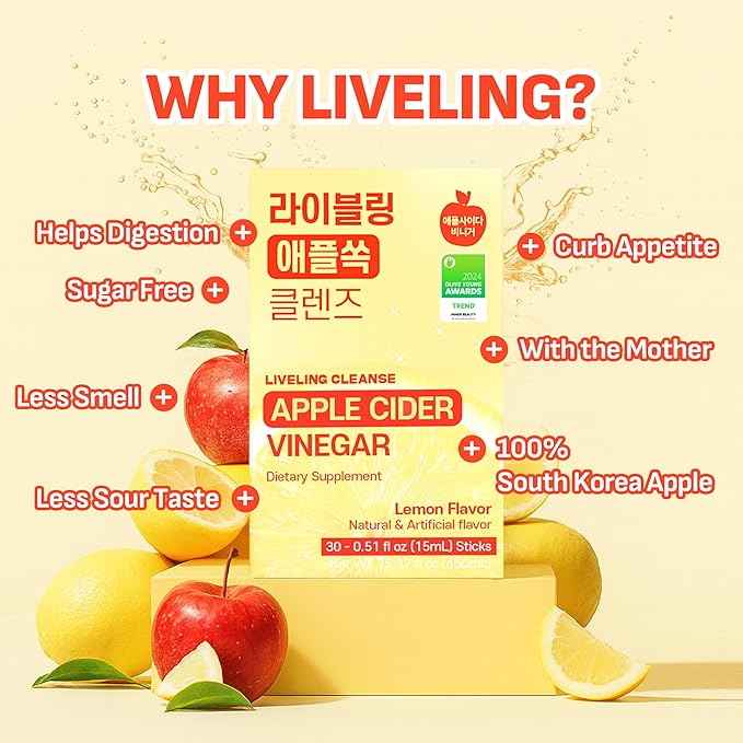 [Liveling] Apple Cider Vinegar Drink Stick with 7500mg ACV – Lemon Flavor | Supports Digestion Daily Cleanse Sugar-Free Low-Calories Portable On-The-Go Packets (30 sticks)
