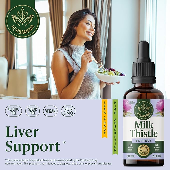 HERBAMAMA Milk Thistle Drops - Vegan Liver Support with Milk Thistle Extract Tincture - Non-GMO Alcohol &amp Sugar-Free Liver Detox and Cleanse Supplement 28-Day Supply
