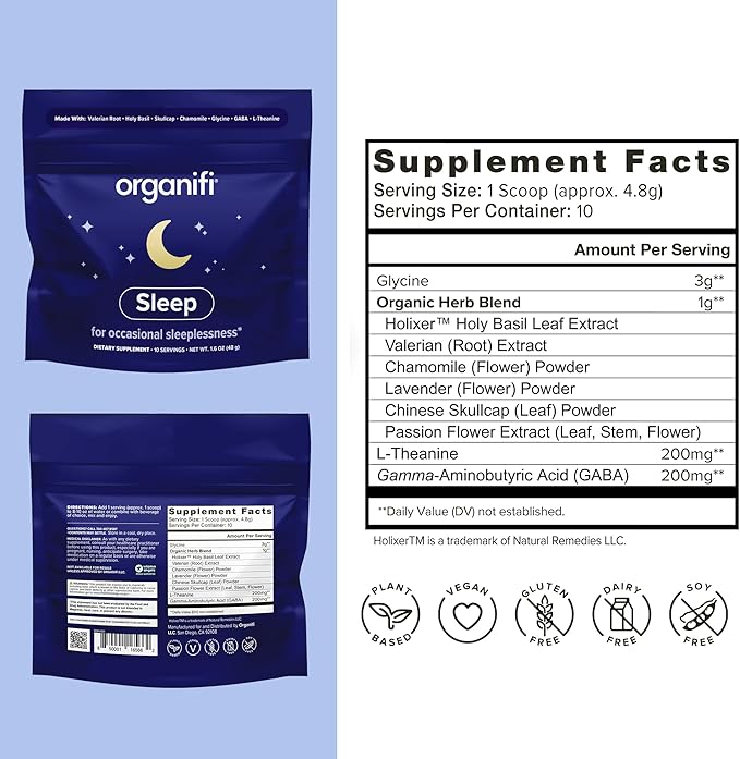 Organifi Sleep - Sleep Support with Valerian Root Lavender GABA and L-theanine - No Melatonin - Calming and Relaxing Nighttime Drink - No Gluten Dairy or Soy