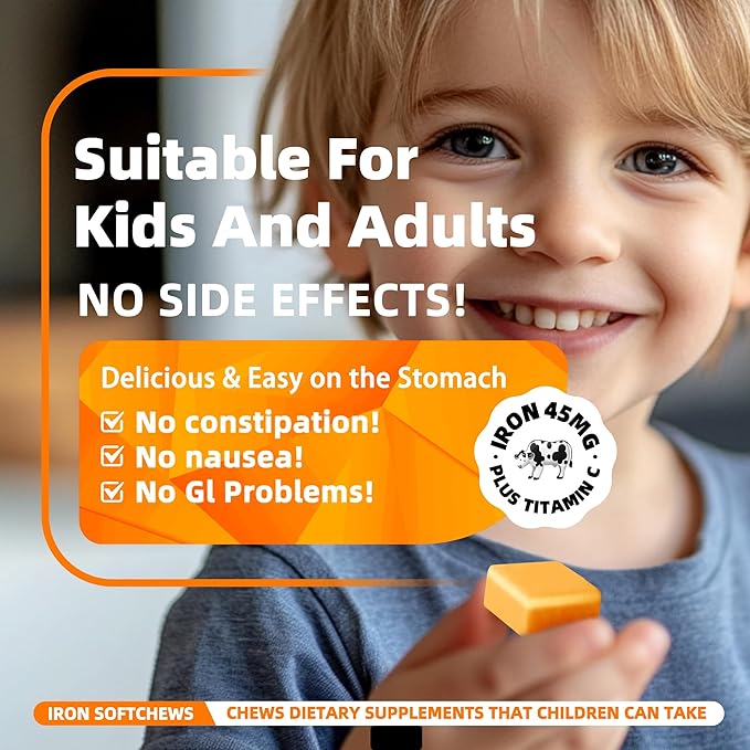 Chewable Iron Supplement for Women &amp Men and Kids - Orange Flavor Iron Vitamin C Soft Chew for Max Absorption Iron as Ferrous Fumarate Ideal for Iron Deficiency 2 Month Supply