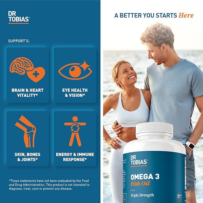 Dr. Tobias Omega 3 Fish Oil 2000mg Triple Strength with 800mg EPA 600mg DHA Per Serving | Fish Oil Omega 3 Supplements for Heart Brain &amp Immune Support - 90 Softgels (45 Servings)