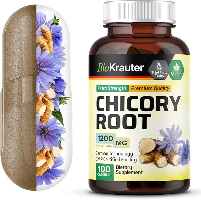 BIO KRAUTER® Chicory Root for Gut &amp Digestive Support - Pure Vegan Prebiotics &amp Fiber Supplement in Capsules 1200 mg per Serving 100 Count - No Fillers Non-GMO - 25 Days of Supply