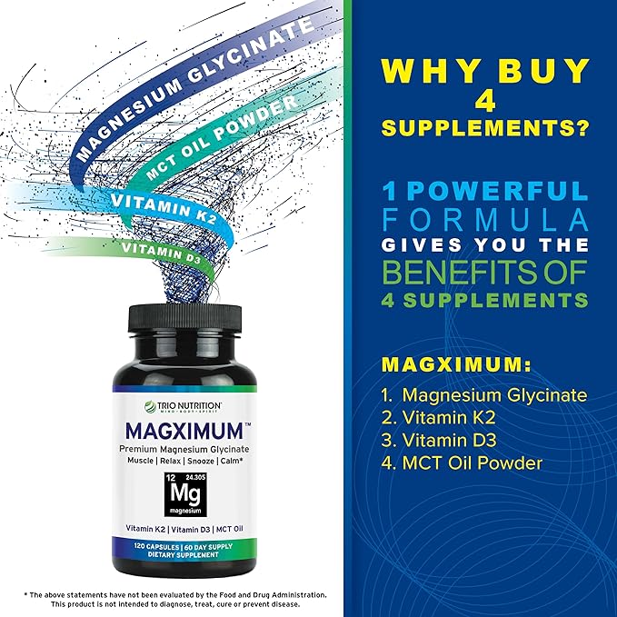 Trio Nutrition MagX Magnesium Glycinate Vitamin D3 Vitamin K2 &amp MCT Oil | Chelated Magnesium Supplement | Calm Relaxation &amp Recovery | Be Well Rested &amp Start Your Day with Magximum