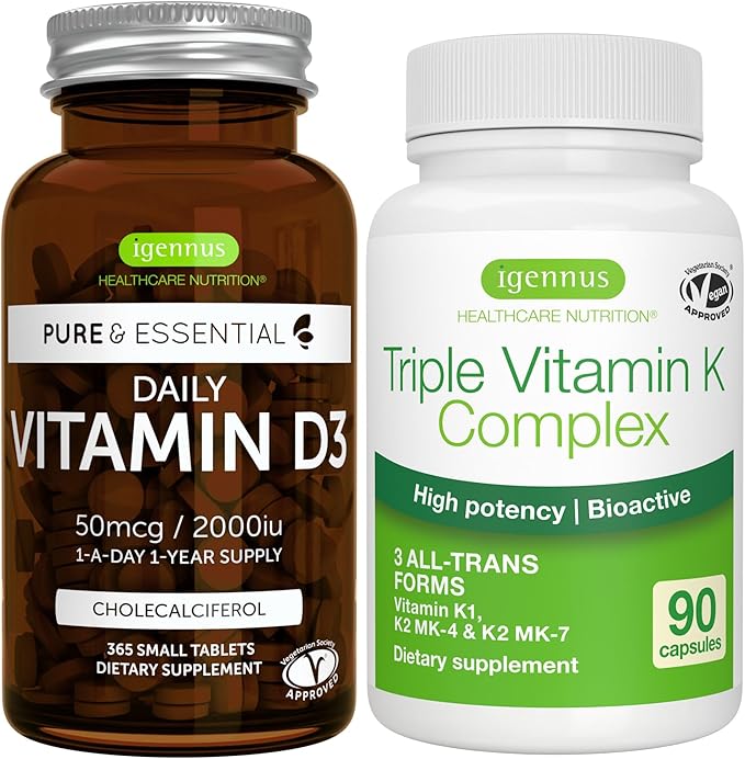 Igennus Daily Vitamin D3 + High Strength Triple Vitamin K Complex 2000iu Cholecalciferol + 2700mcg Advanced Bioactive Vitamin K1 &amp K2 (MK-4 &amp MK-7)