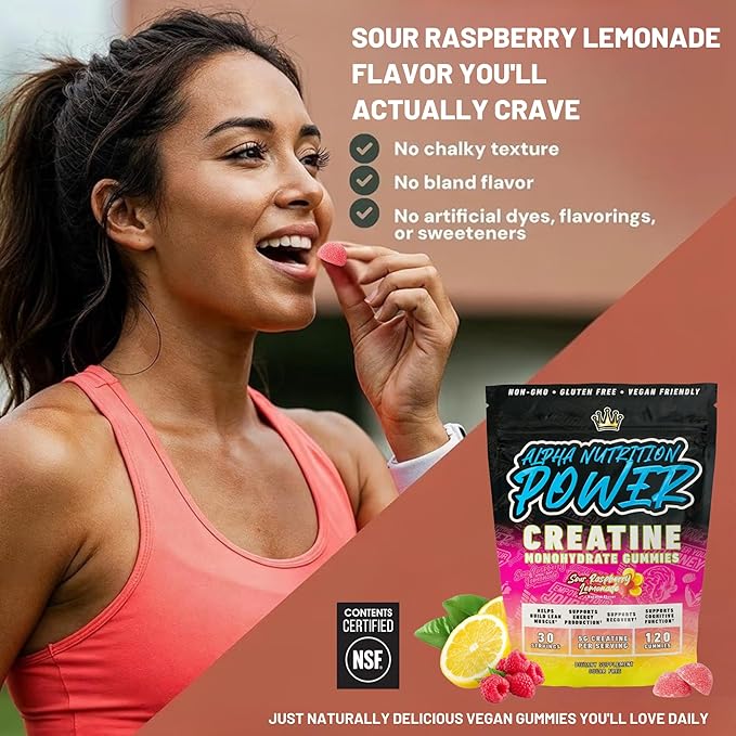 Creatine Monohydrate Gummies 5g - Raspberry Lemonade Flavored Creatine for Men and Women - Supplement for Muscle Gain Strength Energy Cognitive Health Pre and Post Workout Recovery (120 Gummies)