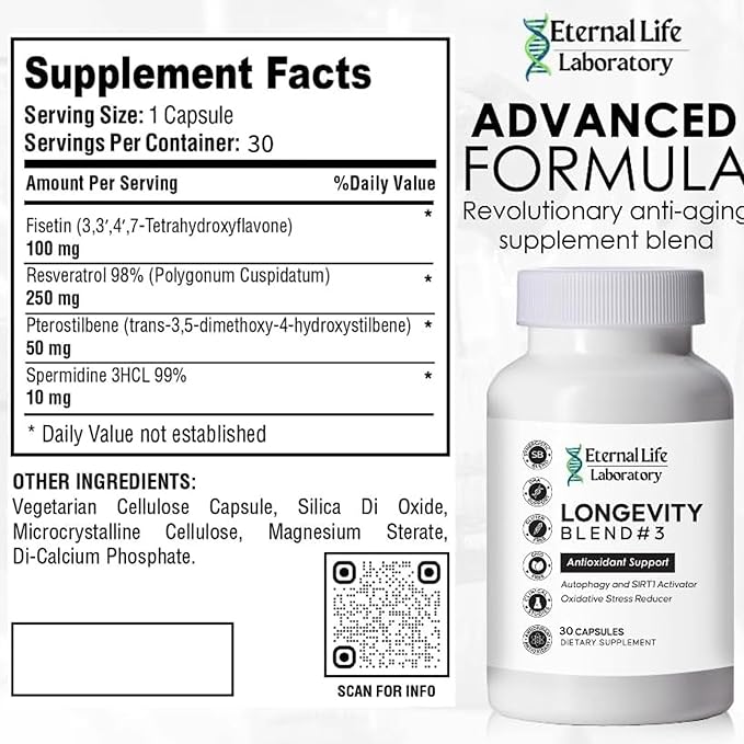 Longevity Blend #3 - Resveratrol 98% with Fisetin Pterostilbene Spermidine Anti Aging Oxidative Stress Reducer Antioxidant Supplement AMPK Activator