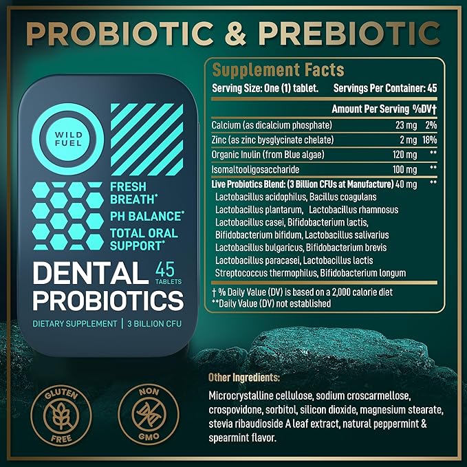 WILD FUEL Oral Probiotics for Teeth Bad Breath Gum Health - 3bn CFU K12 Lactobacillus Paracasei Salivarius Dental Probiotic - Oral Probiotic Mints - 90 Fresh Breath Mint Dental Probiotics Tablets