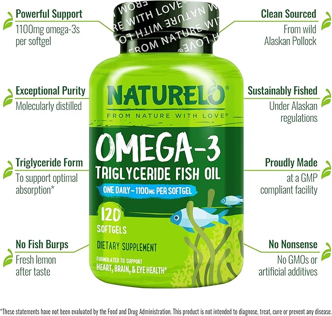 NATURELO Burpless Omega 3 Fish Oil Supplement - 1100mg Triglyceride Omega-3 EPA + DHA Liquid Fish Oil for Heart Eye Brain Joint Health - 120 Softgels 4 Months Supply