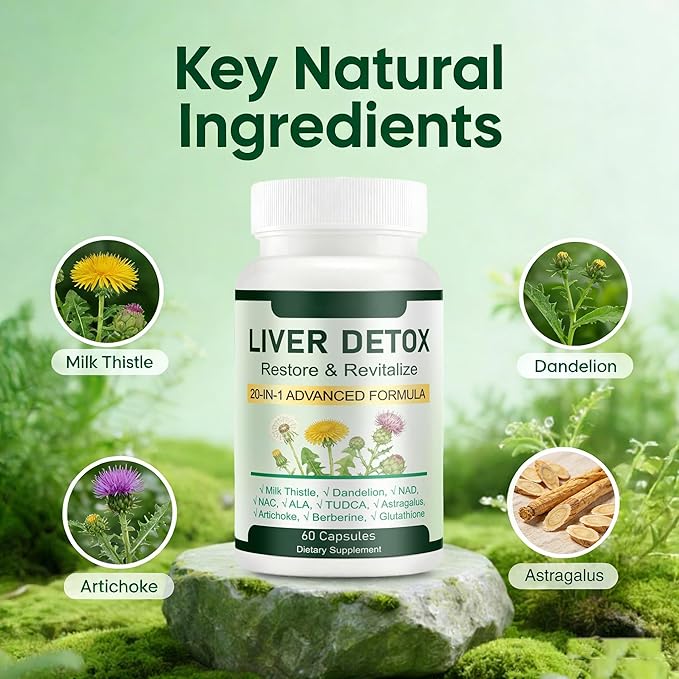 Liver Support Capsules | 20-in-1 Herbal Formula with Milk Thistle Dandelion &amp Turmeric for Daily Liver &amp Digestive Wellness | Non-GMO Gluten-Free Supplement for Vitality &amp Comfort 60 Ca