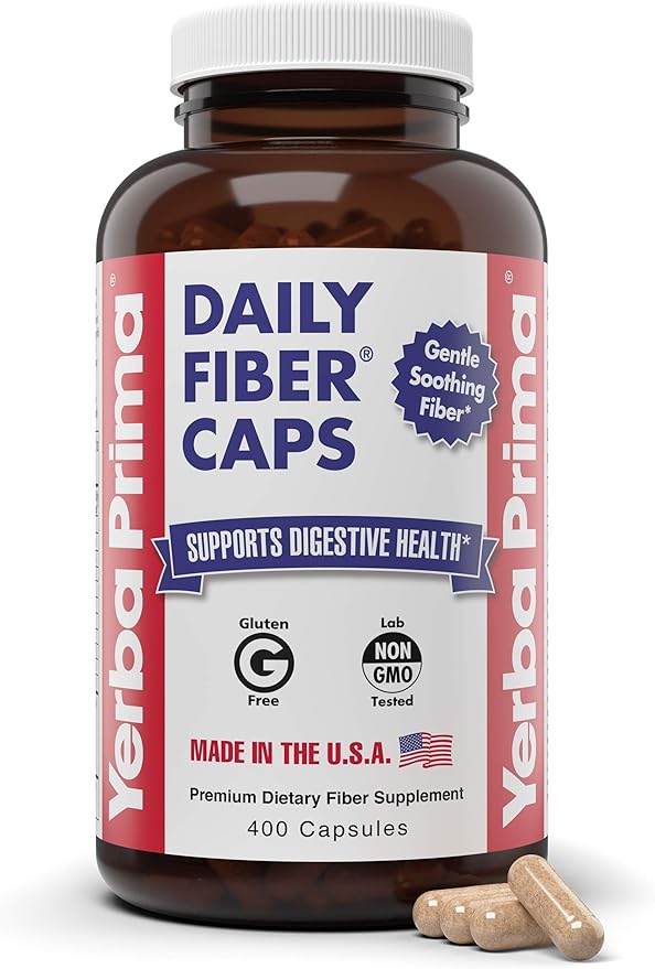 Yerba Prima Daily Fiber Caps Formula 400 Capsules - Both Soluble and Insoluble - with Psyllium Seed Husks Acacia Gum Apple Fiber and More - Dietary Supplement