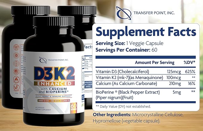 D3K2 Enhanced with Calcium &amp BioPerine® - 5000 IU Vitamin D3 + 100 mcg Vitamin K2 MK-7 - Once-Daily Formula 60 Capsules