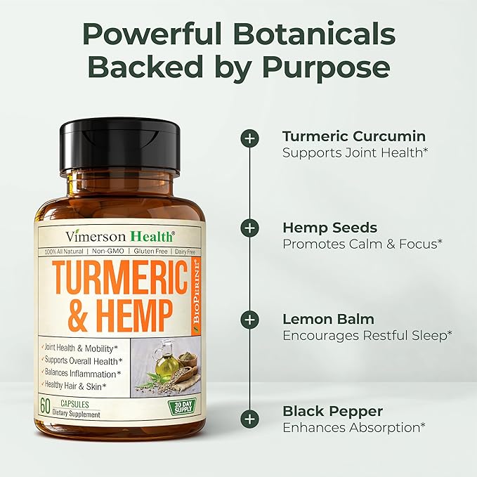 Turmeric Curcumin Supplement with Hemp Seeds &amp Lemon Balm Extract – Joint Health &amp Mobility – with Black Pepper for Absorption – Natural Joint Supplement for Men &amp Women