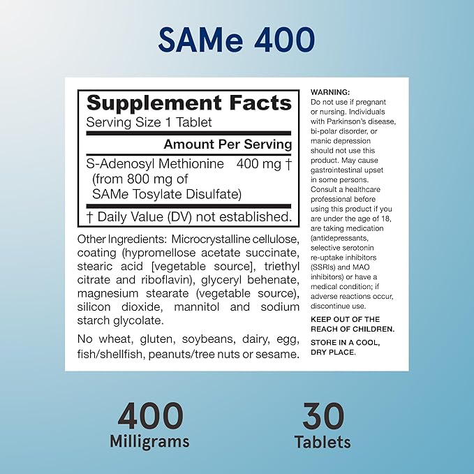 Jarrow Formulas SAMe Supplement 400 mg - 30 Tablets - High Concentration of Active SS Form - Supports Joint Health Liver Function Brain Metabolism Balanced Mood &amp Antioxidant Defense - 30 Serv