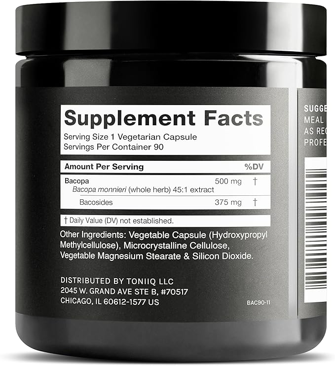 Toniiq Bacopa - Ultra High Potency 45:1 Extract with 75% Bacosides - Highly Concentrated - Third-Party Lab Tested - 90 Capsules