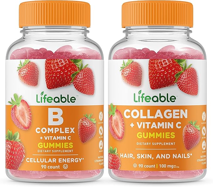 Lifeable B Complex + Collagen &amp Vitamin C Gummies Bundle - Great Tasting Vitamin Supplement Gluten Free GMO Free Chewable Gummy