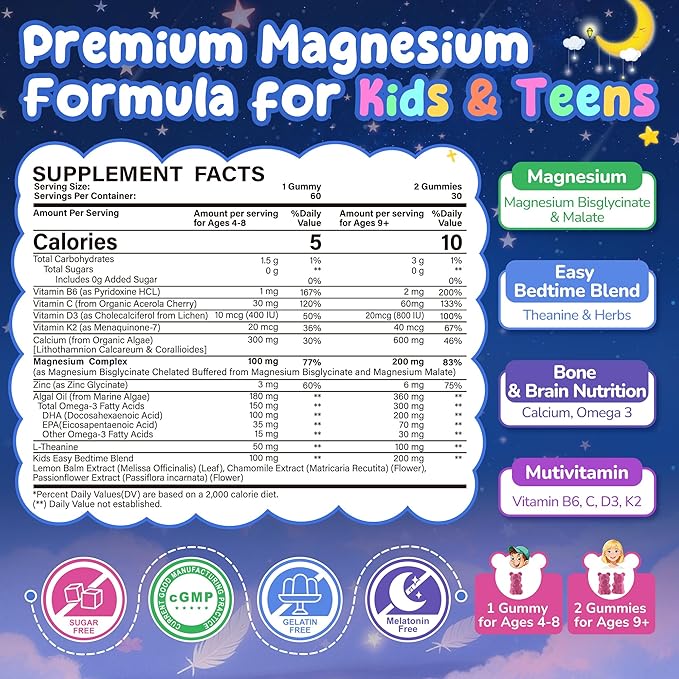 Sugar Free Kids Magnesium Gummies 2 Pack + Kids Calcium Gummies 1 Pack