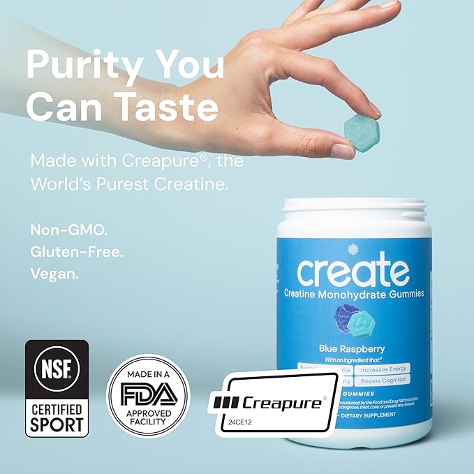 Create Creatine Monohydrate Gummies - Cool Crush Duo - Watermelon &amp Blue Raspberry - Creatine Gummies for Women &amp Men NSF Certified 3rd Party Tested Anti-Melting Formula 180 Count (2-Pack)