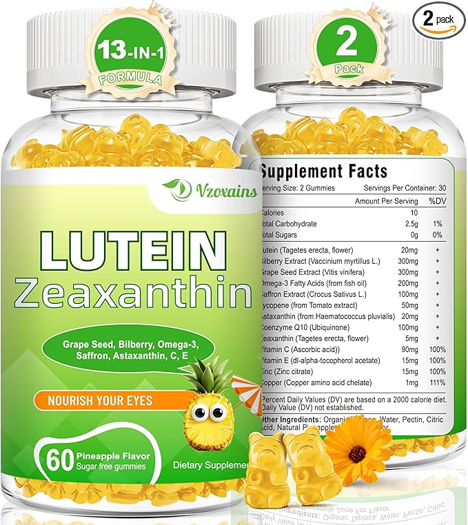 Lutein 20 mg with Zeaxanthin Gummies Lutein and Zeaxanthin Supplements with Eye Vitamins C E Bilberry for Eye Health - 120Cts