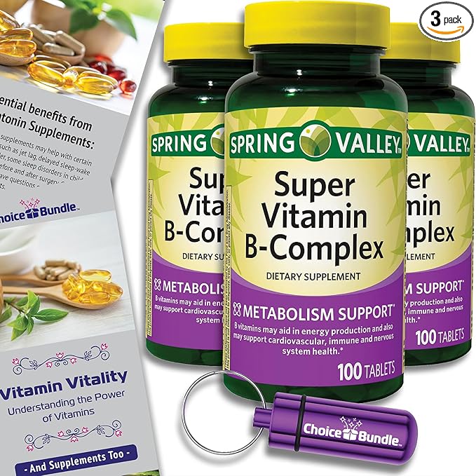 Spring Valley Super Vitamin B-Complex Tablets Metabolism Support 100 Ct 3 pk (300 Total) + Vitamin Vitality &amp Pill Container (5 Items)!