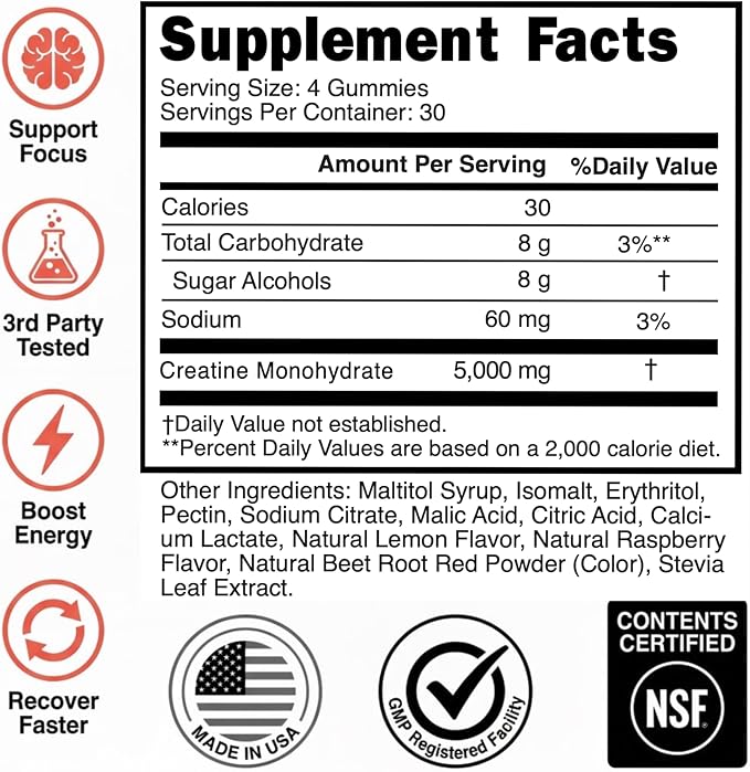 Creatine Monohydrate Gummies 5g - Raspberry Lemonade Flavored Creatine for Men and Women - Supplement for Muscle Gain Strength Energy Cognitive Health Pre and Post Workout Recovery (120 Gummies)
