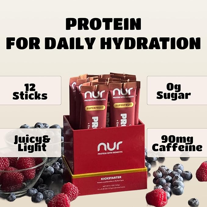 NUR Clear Whey Protein Drink Mix + Energy Fermented BLG Single-Serve Sticks 12-Pack – Lactose-Free Keto-Friendly Zero Sugar No Artificial Sweeteners