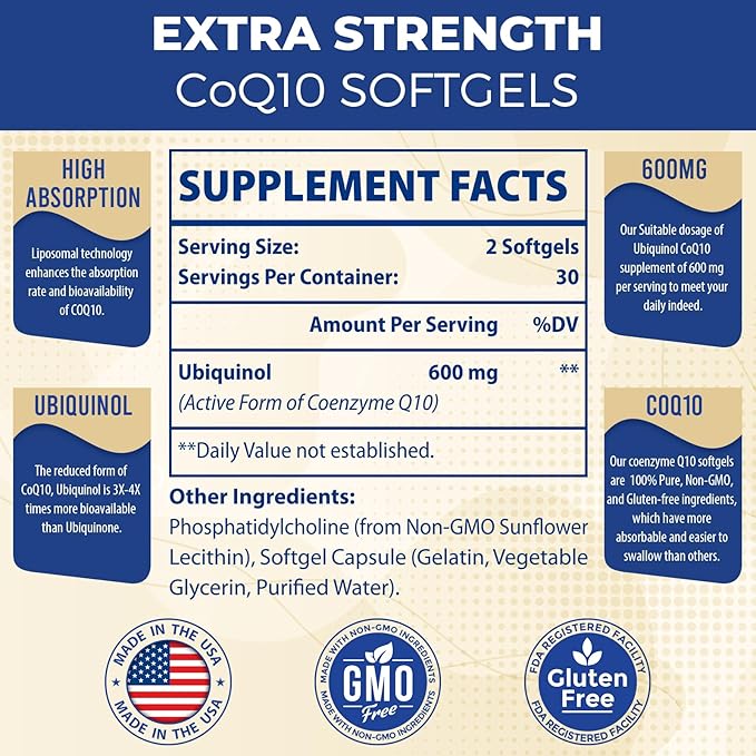 Liposomal CoQ10 Ubiquinol 600mg Softgels|Superior Absorption Ubiquinol CoQ10 Supplement|Powerful Active Antioxidant Form of Coenzyme Q10|Heart Function &amp Energy Production|60 Softgels
