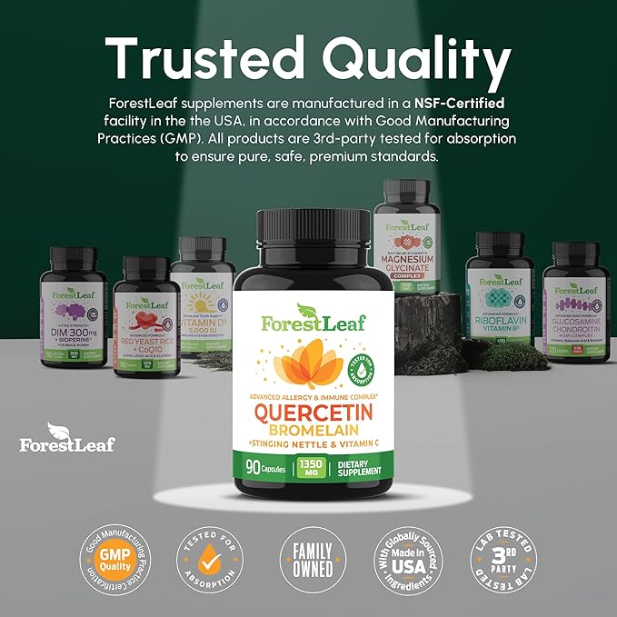 ForestLeaf Quercetin with Bromelain 1350mg - Blend with Vitamin C &amp Stinging Nettle Supplement Quercetin 500mg Capsules Non-GMO Gluten Free Natural Function 90 Veggie Caps
