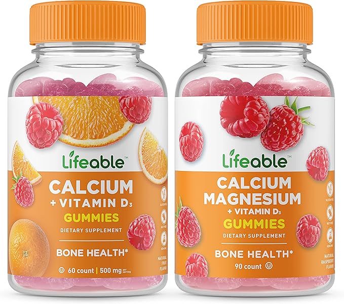 Lifeable Calcium with Vitamin D + Calcium Magnesium Gummies Bundle - Great Tasting Vitamin Supplement Gluten Free GMO Free Chewable