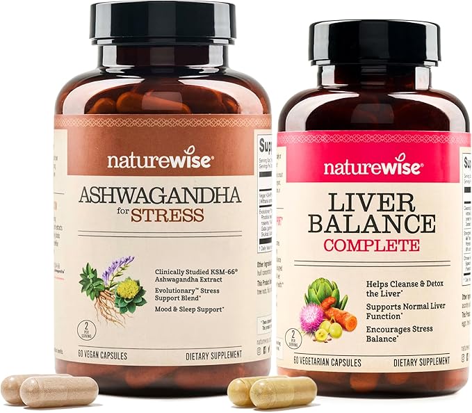 NatureWise [1] Ashwagandha for Stress + GABA &amp L-Theanine - 60 Capsules[30-Day Supply] + [1] Liver Balance - Milk Thistle Dandelion Turmeric - 60 Capsules[30-Day Supply]