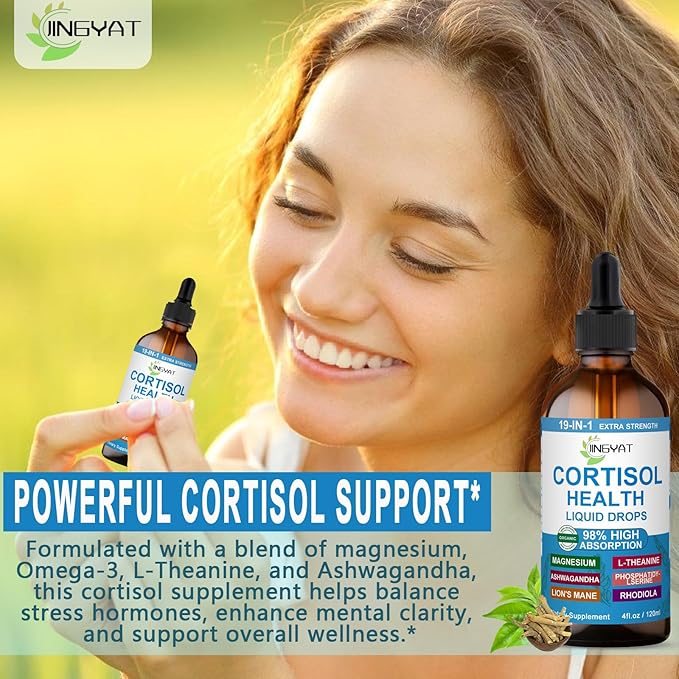 Cortisol Supplements for Women - Cortisol Support Liquid Drops for Hormone BalanceMoodFocus - Liquid Cortisol Health w/MagnesiumL-TheanineAshwagandhaOmega-3 - Non-GMO2 Month Supply