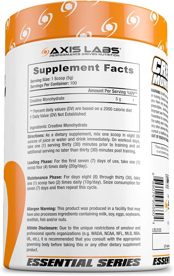 Axis Labs Micronized Creatine Monohydrate - Mineral Supplement - 100 Servings - Enhances Strength - Boosts Muscle Growth - Increases Overall Size