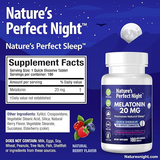 Nature's Perfect Night Melatonin 20mg Quick Dissolve Mixed Berry 180 Count with Serenity Magnesium Powder 15 oz Lemon Raspberry