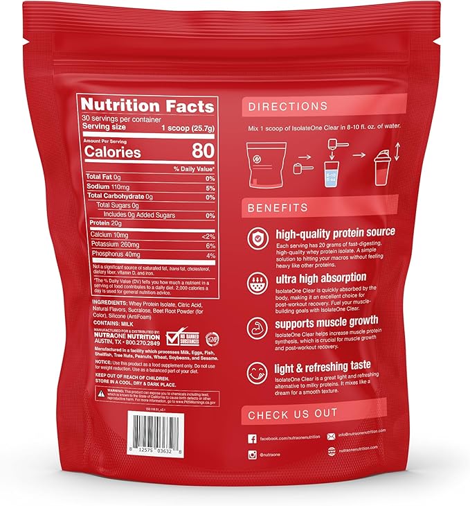 NutraOne Clear Whey Protein Powder Drink Mix Naturally Flavored Clear Protein Drink 20g of Protein Zero Sugar (Strawberry Watermelon - 30 Servings)