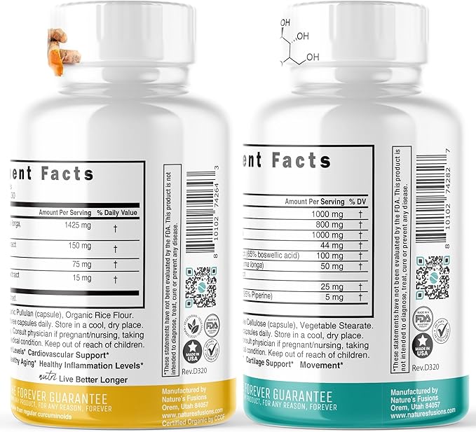 Nature's Fusions Organic Turmeric Supplement 1425mg 95% Cucuminoids &amp Glucosamine Chondroitin Joint Supplement Bundle